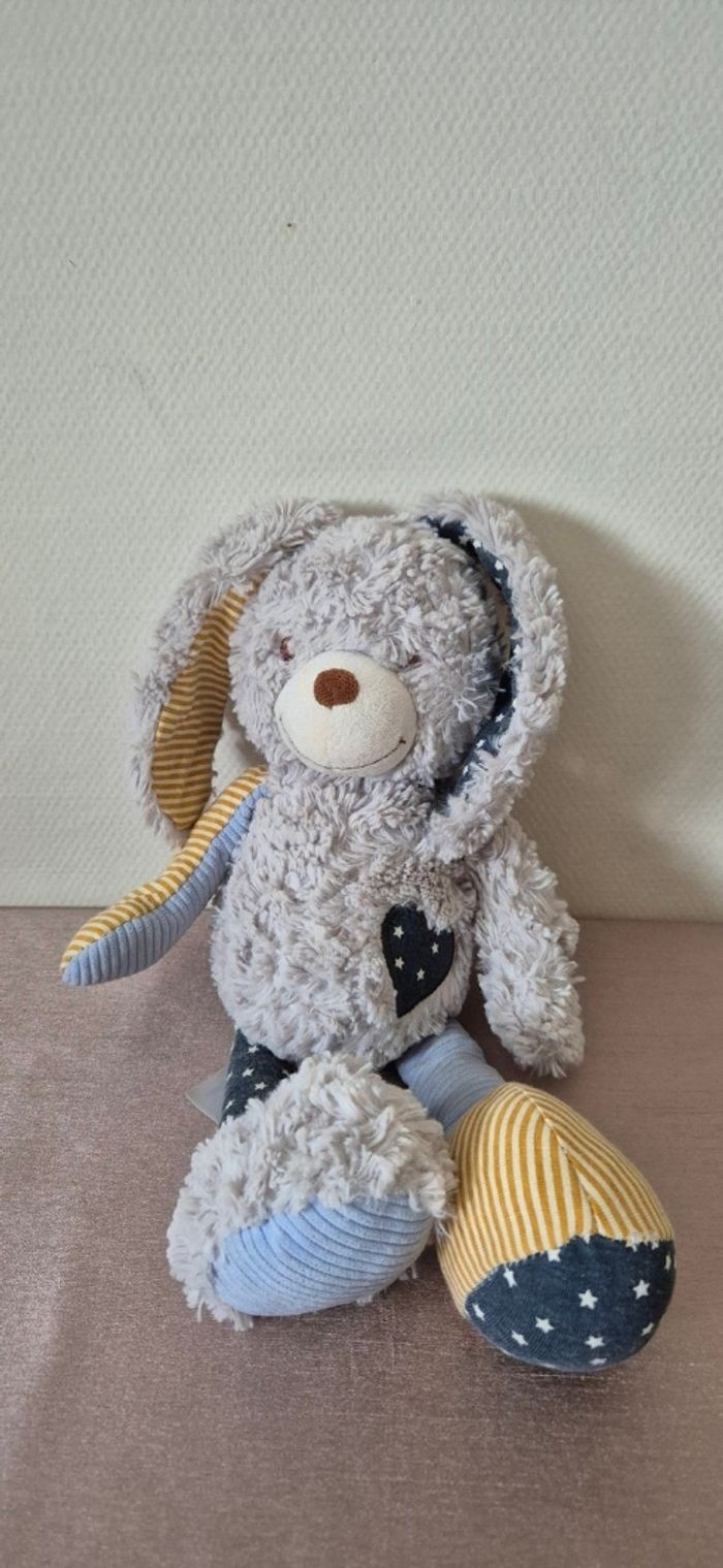 Doudou Lapin gris bleu marine étoiles rayé orange TAPE A L’OEIL TAO - photo numéro 2