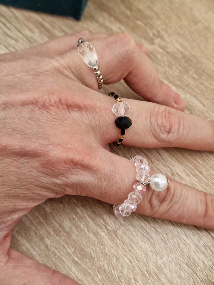 Lot De 3 Bagues Nylon Perles Cristal