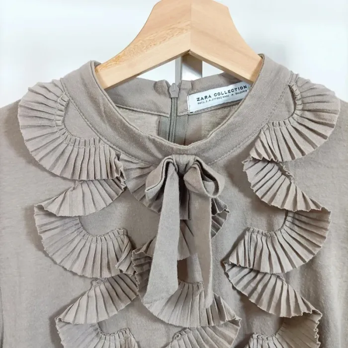 T-shirt taupe col plissé nœud froufrous Zara Collection – taille L A1006 - photo numéro 4