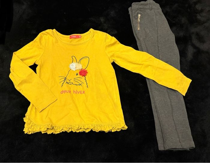 Lot 6 ans : pantalon Lili Gaufrette gris chiné + T-shirt manches longues moutarde Tissaia