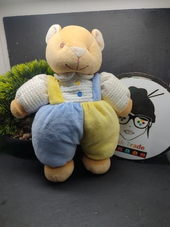 PE0134 Doudou peluche ours bleu jaune Bengy Ancien Salopette Beige 