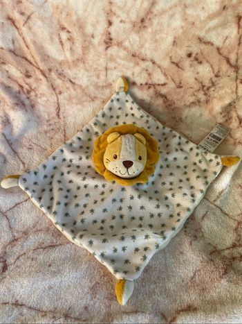 Doudou plat lion jaune/orange  Des motifs des palmier vert  Au dos unis beige  +/- 24cm B&M Occasion en très bon état  Vous achetez le doudou que vous voyez sur la photo