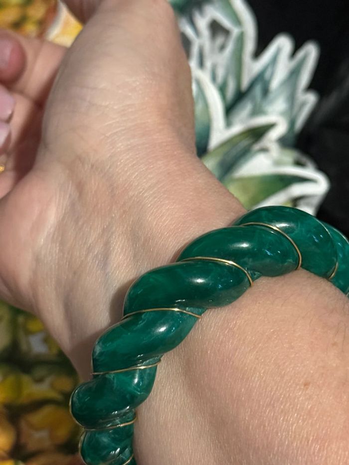 Jonc mile Mila torsades tressé résine verte reflets fils or acier inoxydable or taille M - photo numéro 7