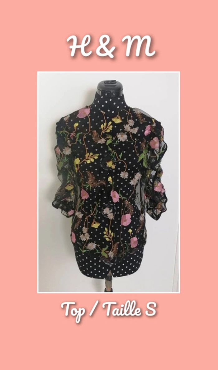 Top noir broderie fleurs transparent Taille S H&M
