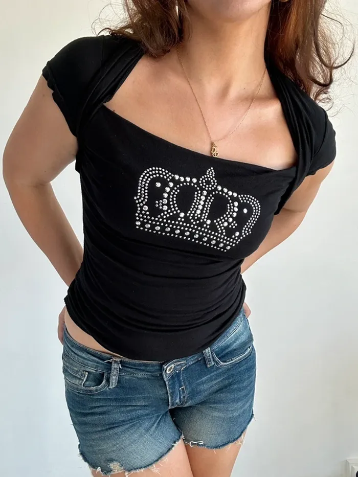 Petit haut vintage y2k année 2000 noir à motif strass taille S - photo numéro 7