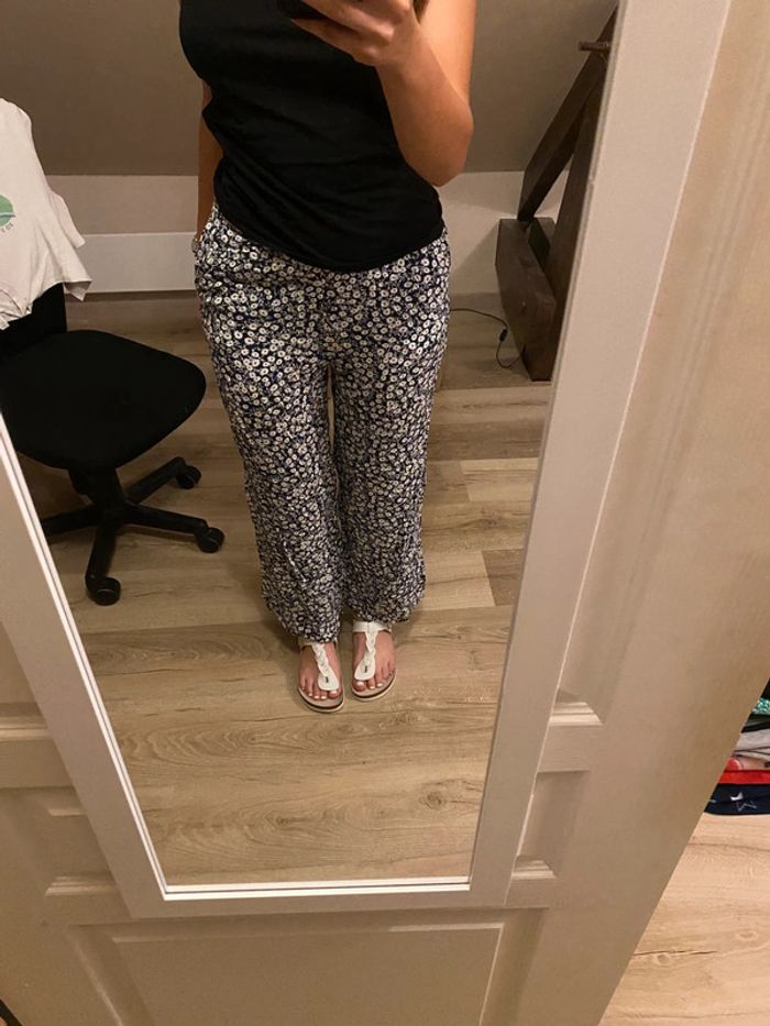pantalon fluide fleuri bleu à jambes larges - photo numéro 2