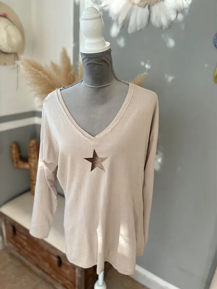Tee-shirt coton manches longues étoiles beige-Taille unique