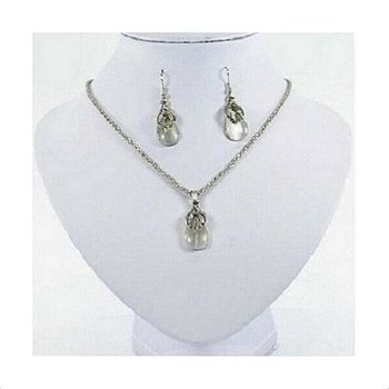 Parure Collier + Boucles Métal Argenté Nacre et Strass