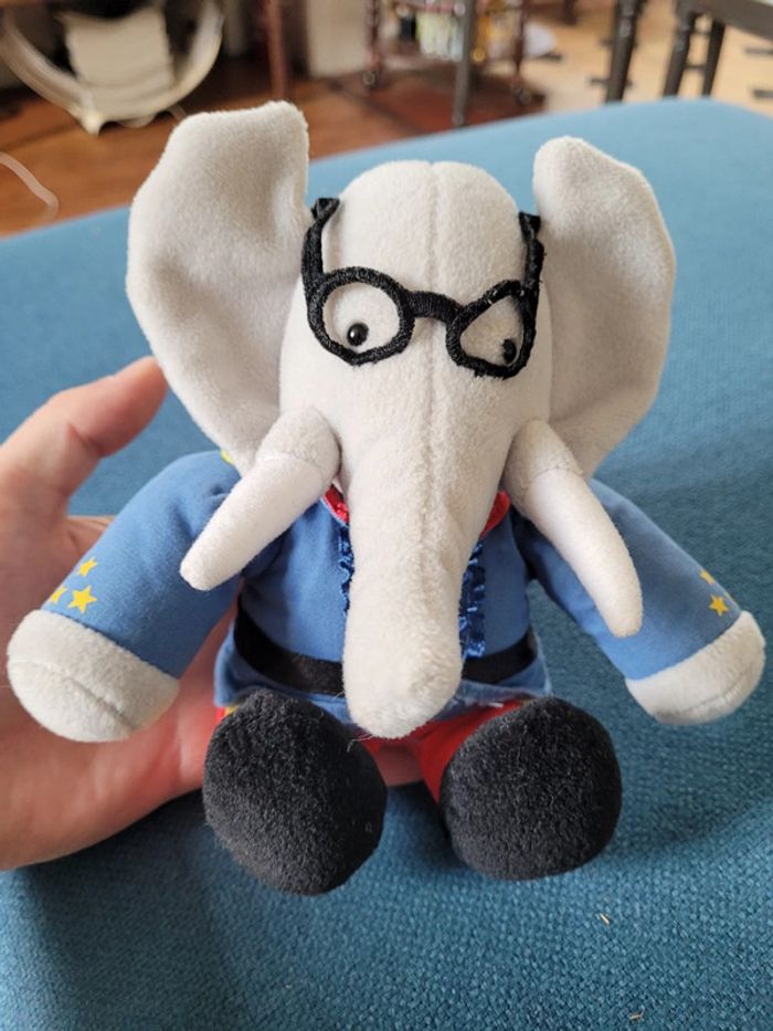 RARE Lansay peluche Cornelius Babar bleu rouge de Brunhoff 16cm collection doudou