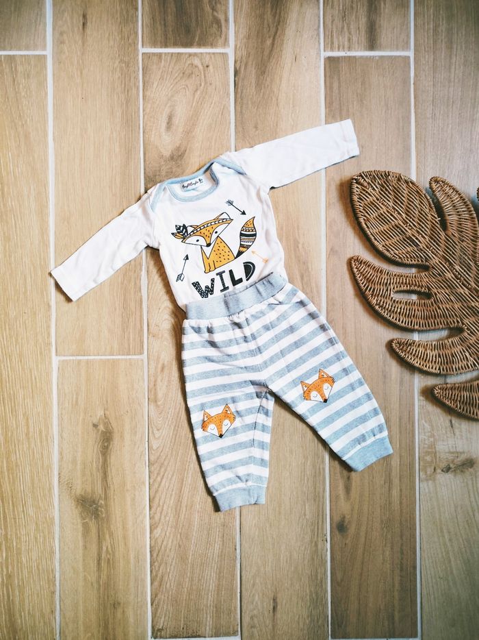 🦊Bougli Bougla - Ensemble Pantalon à rayures et body assorti motif renard - Taille 6 mois - photo numéro 2