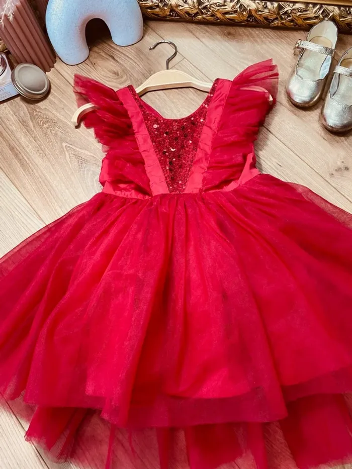 Taille 3 ans Robe asymétrique créateur fille TAO rouge * sequins tulle * 🌺 - photo numéro 4