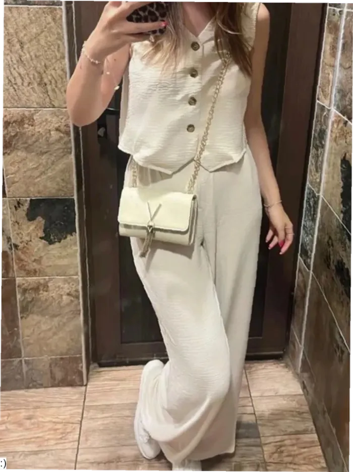 Ensemble Femme Deux Pièces Gilet Pantalon Beige Effet Lin - Taille M Neuf Jamais Porté
