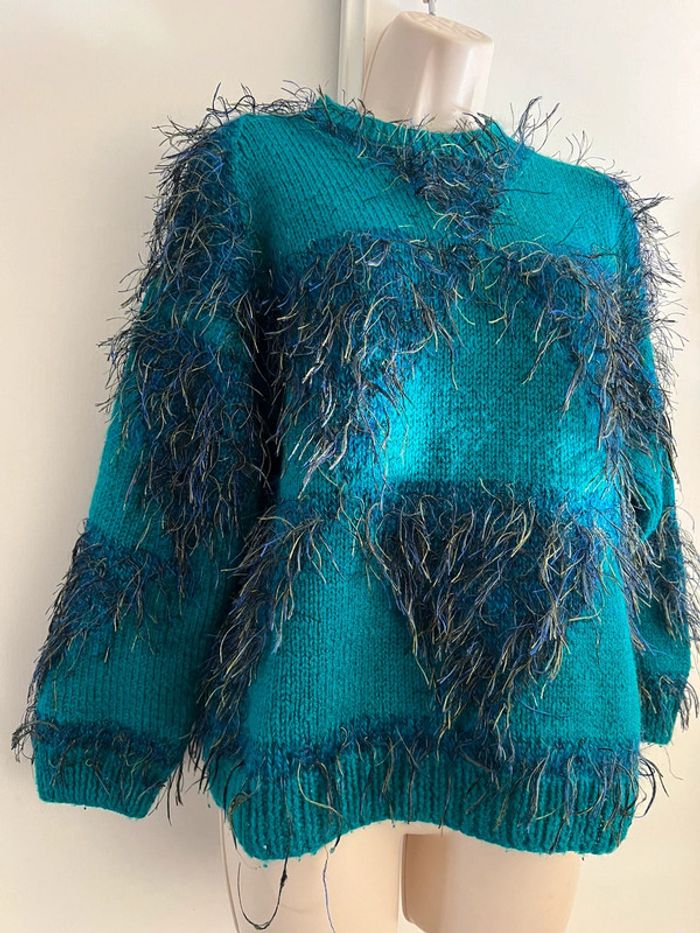 Pull, fait main, fait maison, bleu, vert jaune 36/38