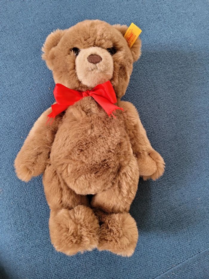 Peluche Ours brun articulé Steiff 26cm debout assis marron collection noeud rouge - photo numéro 2