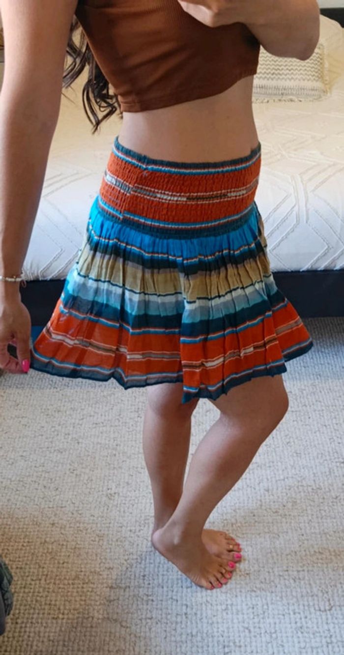 Mini jupe jupette Ralph Lauren M 100% coton denim & supply rayures bleu orange taille élastique - photo numéro 2