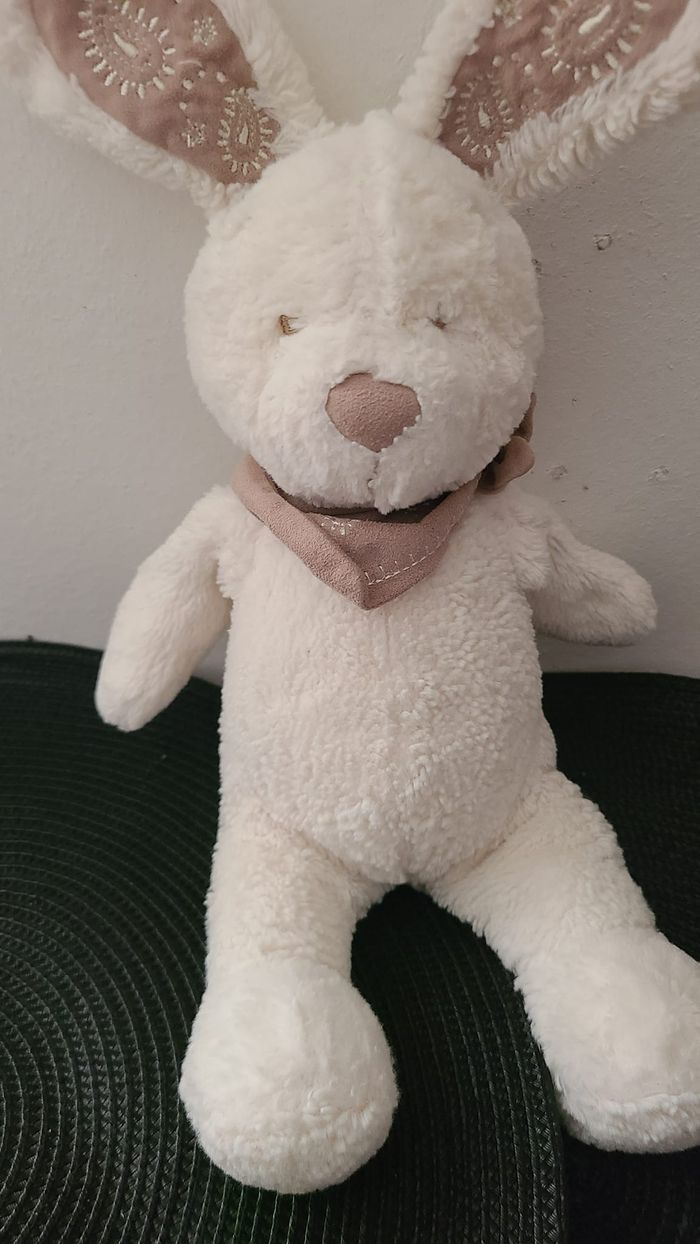 DOUDOU PELUCHE NICOTOY LAPIN BANDANA BLANC MARRON TAUPE 30 cm