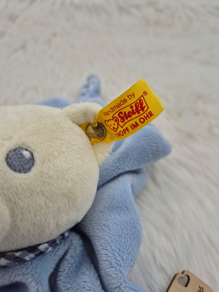 Doudou plat carré Ours beige bleu rayé Steiff - photo numéro 3