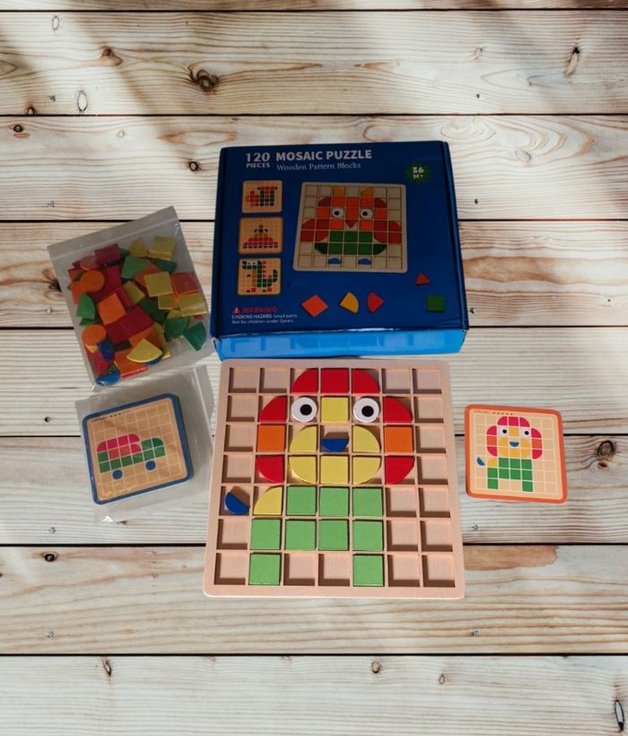 Jeu éducatif puzzle mosaïque Montessori en bois – Formes & couleurs