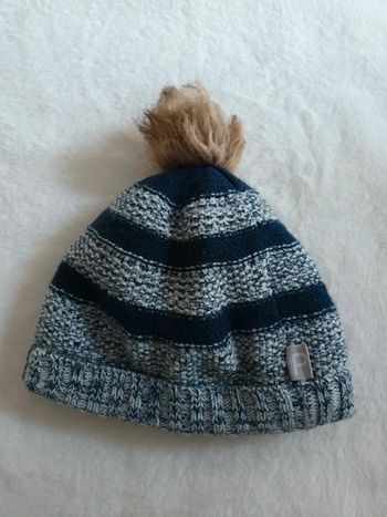 Bonnet marine & blanc avec pompon très chaud intérieur fourré polaire taille 54 / 55