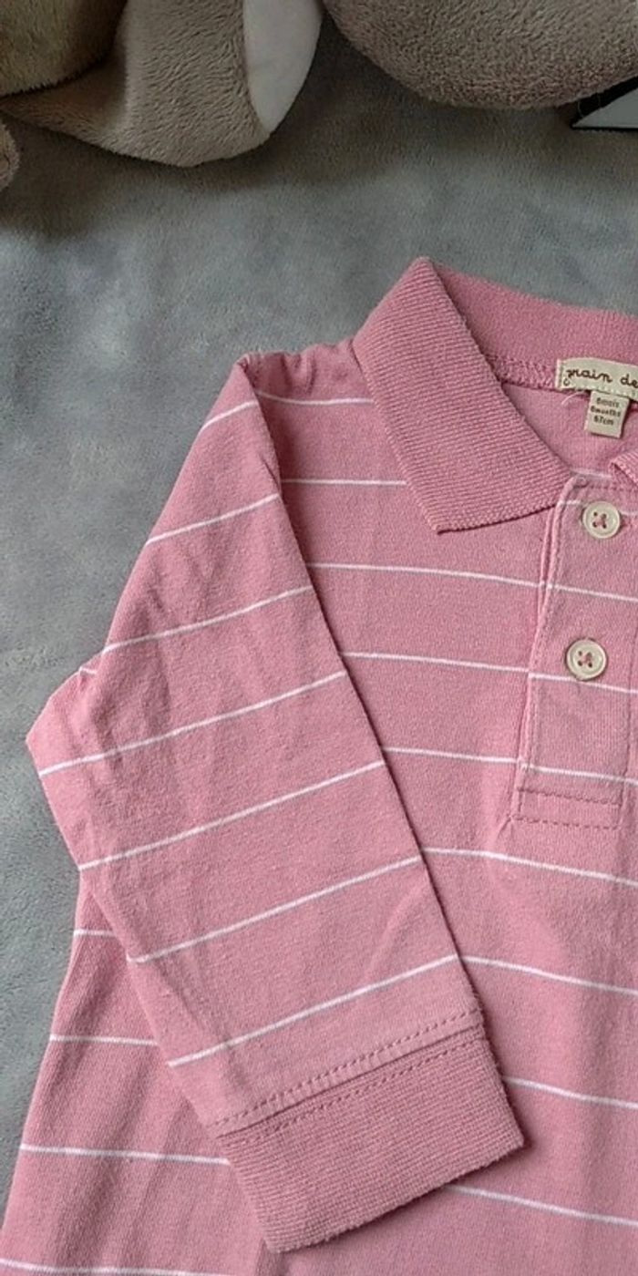 Chemise polo manches longues Garçon 6 mois rose rayé blanc 100% coton Alston 214 Grain de blé - photo numéro 3