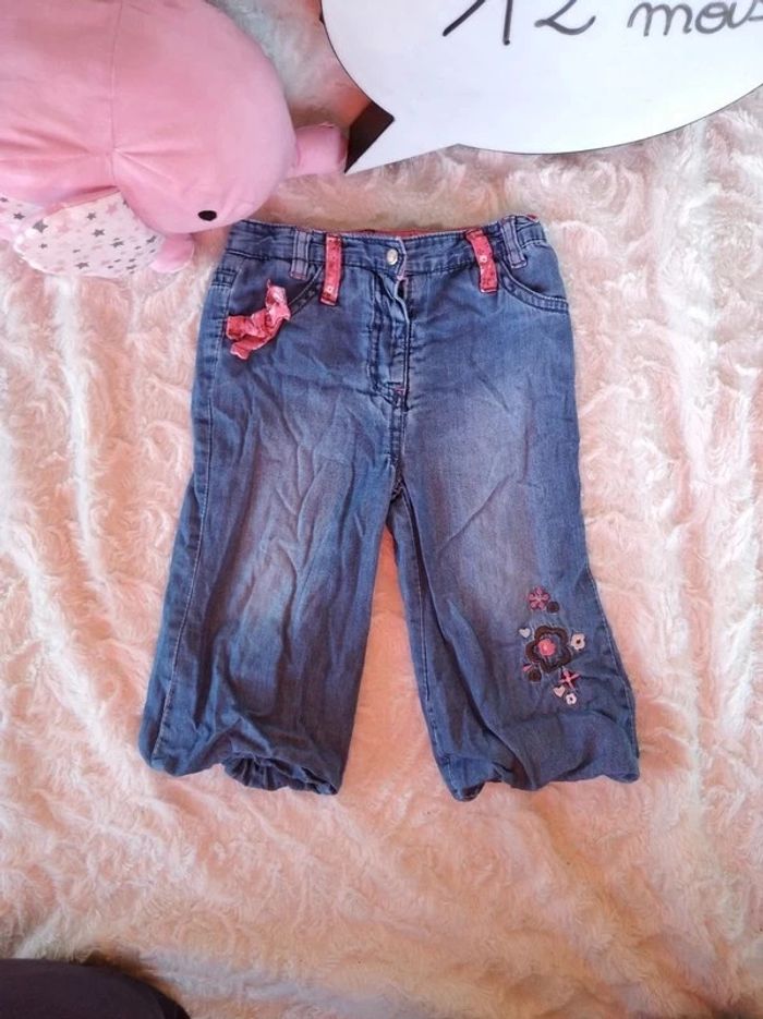 Pantalon doublé style jeans Fille 12 mois Fleurs Gémo 100% coton - photo numéro 2
