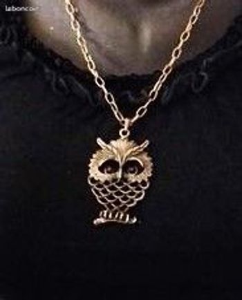 Collier ou sautoir en métal cuivré - Hibou  sur chaîne