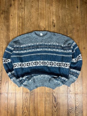 Pull maille vintage laine motifs rayures multicolore L