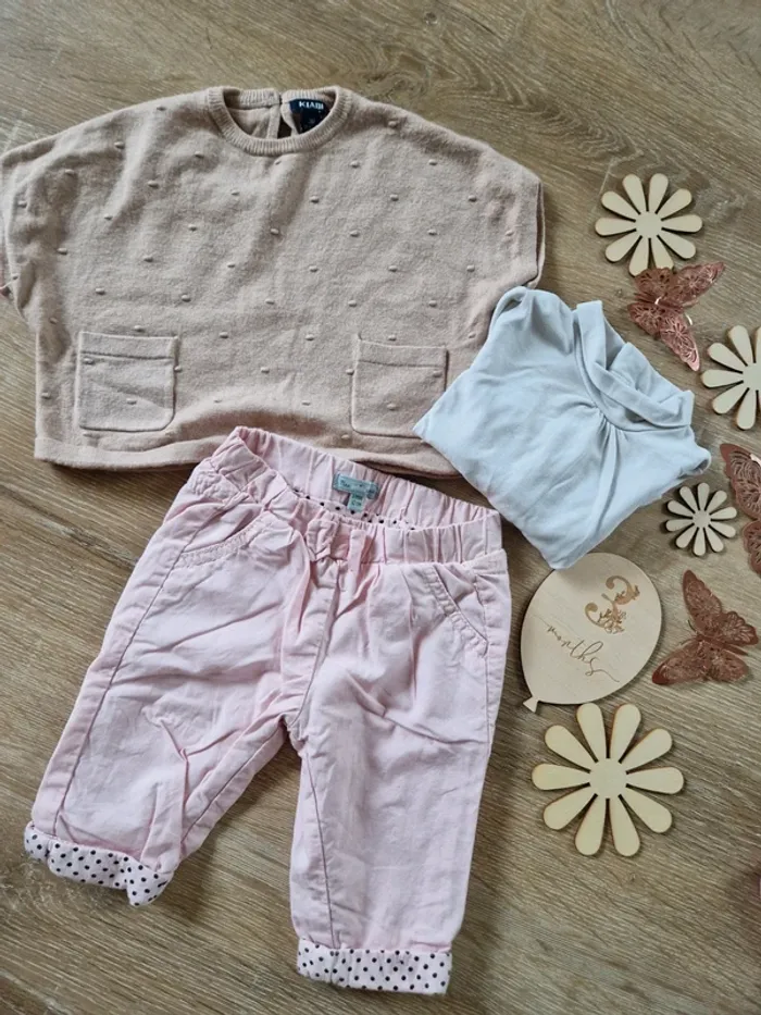 Ensemble sous pull, pull beige et pantalon rose kiabi bébé fille 3mois