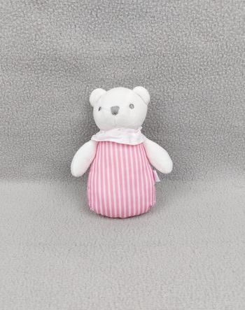 Doudou mini peluche ours blanc JACADI semi-plat rayures blanc rose collerette