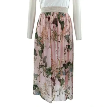 Jupe longue bohème fluide rose poudré à fleurs (A958)