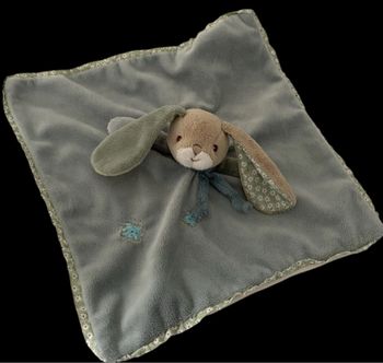 ❤️B5253 EXCELLENT ÉTAT Doudou plat Mouchoir lapin Vert Beige BUKOWSKI