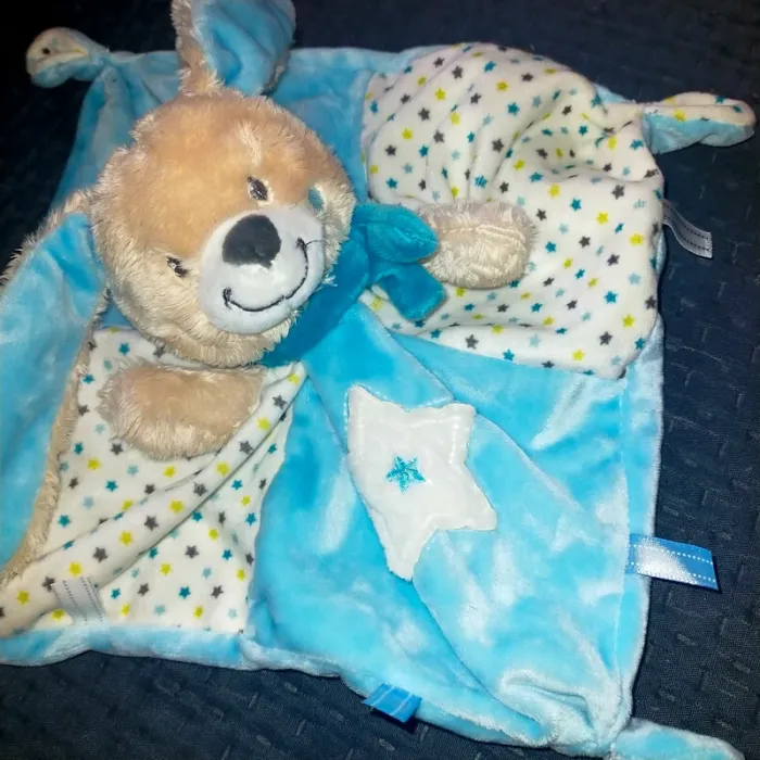 Doudou plat lapin bleu, blanc étoile Mots d'enfants - photo numéro 2