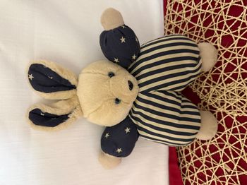 Doudou Peluche Vintage Vertbaudet Lapin Beige Bleu Marine Raye