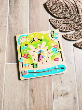 🌞Planche /panneau d'éveil multi activités calendrier perpetuel Météo et temps en bois