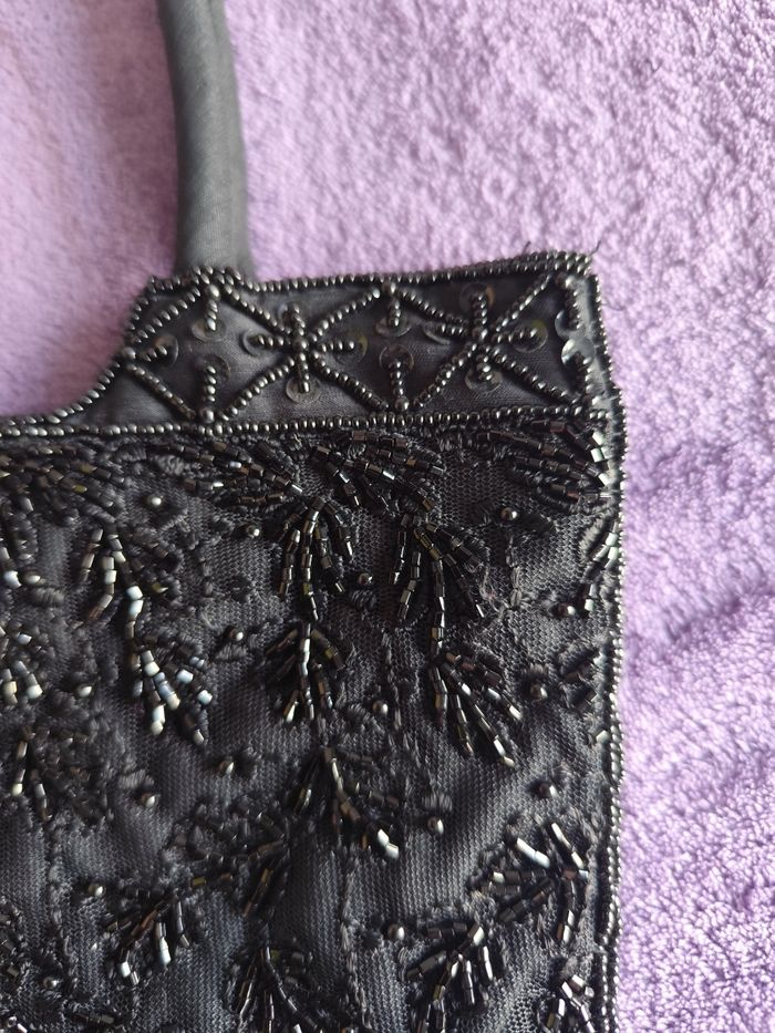 Petit sac à main vintage tissu brodé fermeture anse noir pampille perle sequin - photo numéro 5