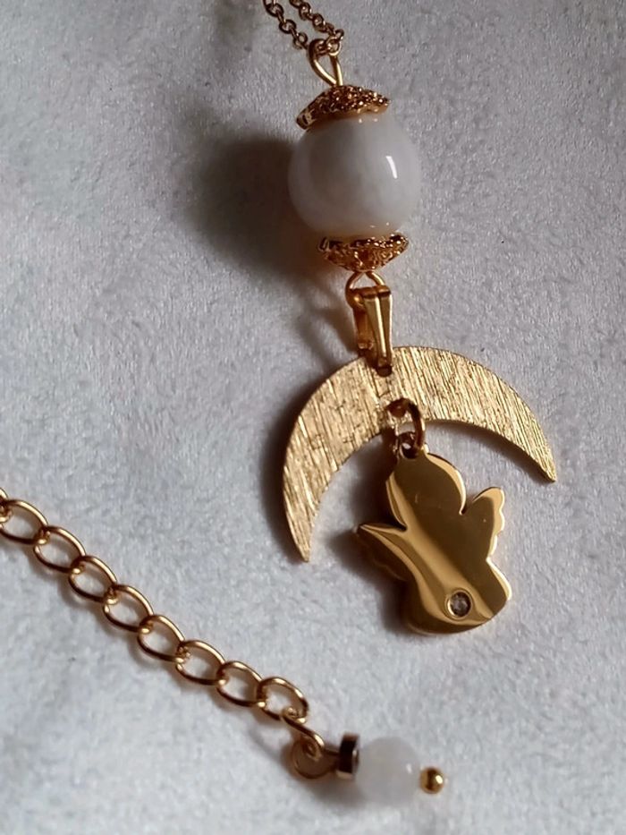 Collier pierre de lune , lune et ange avec zircon en acier inoxydable - photo numéro 3