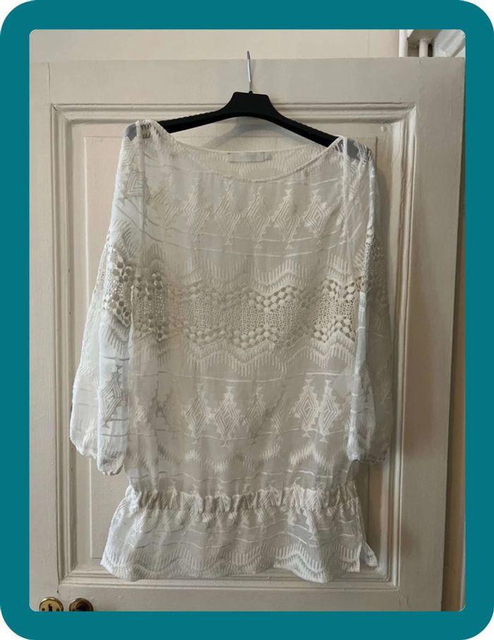 Blouse soie brodée coton manches 3/4 taille 38 - Anne Fontaine