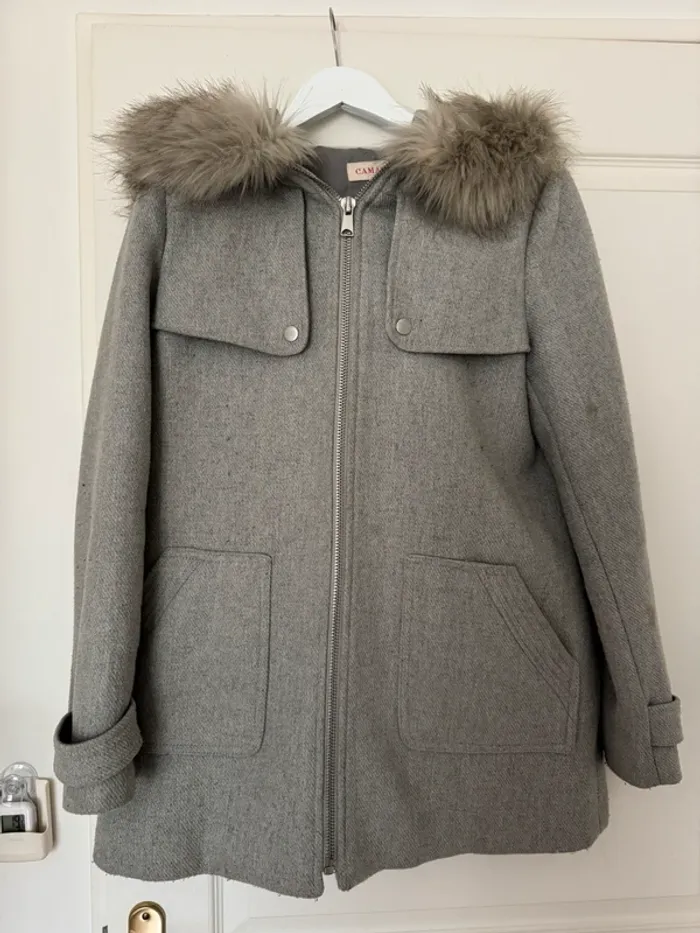 Manteau mi long hiver capuche fourrure gris