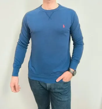 Sweat col rond Ralph Lauren homme taille M bleu logo rouge excellent état tissu fin coupe serrée