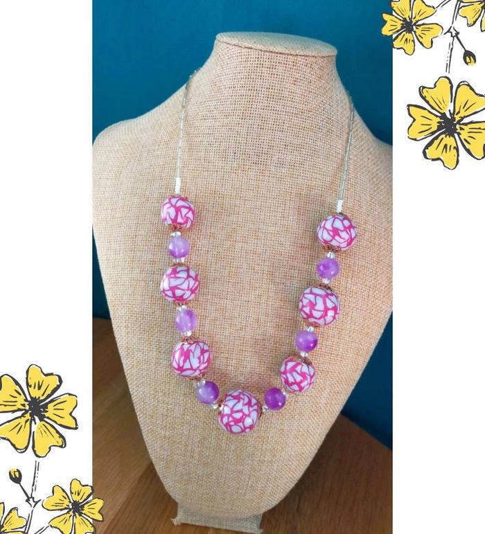 Collier vintage fait main – Perles roses en polymère & perles violettes – Collection Nuances de Rose - photo numéro 13