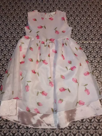 Robe de cérémonie fille 7-8 ans blanche à fleurs roses