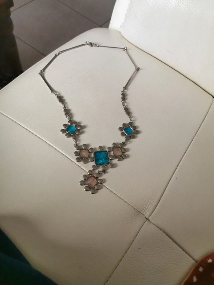 Collier artisan d art turquoise et rose