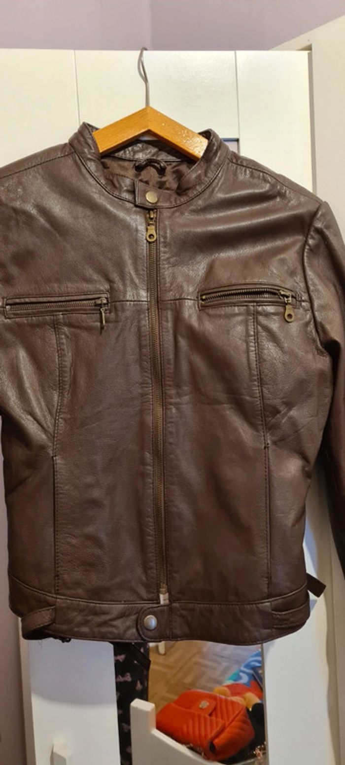 Veste biker tout cuir marron doublé t 36 neuf Soft Grey - photo numéro 2