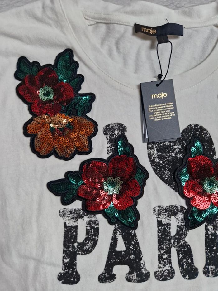 Tee-shirt Maje neuf avec étiquette Taille 1 Paris avec fleurs et sequins - photo numéro 3