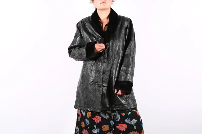 Adorable manteau vintage 80's en cuir motif patchwork (#240489) - photo numéro 2