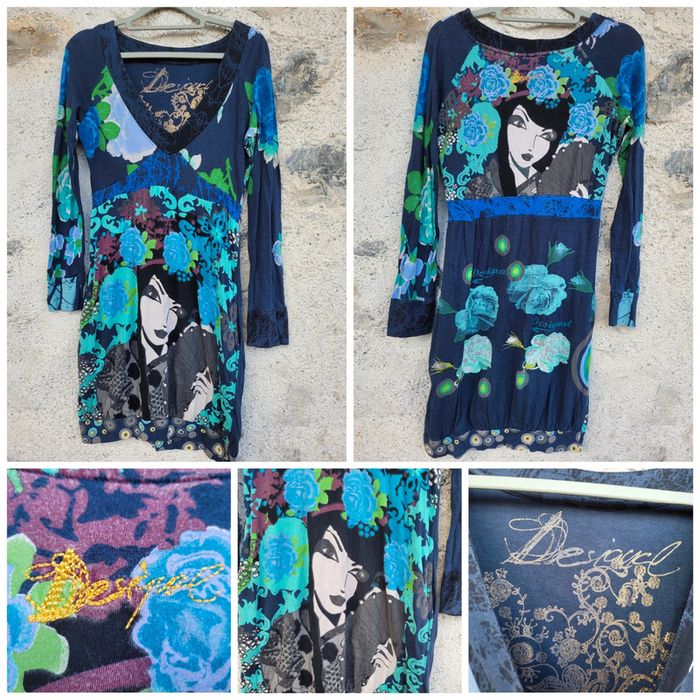 Superbe robe boule Desigual, tons bleus et verts, manches longues, taille M (40)