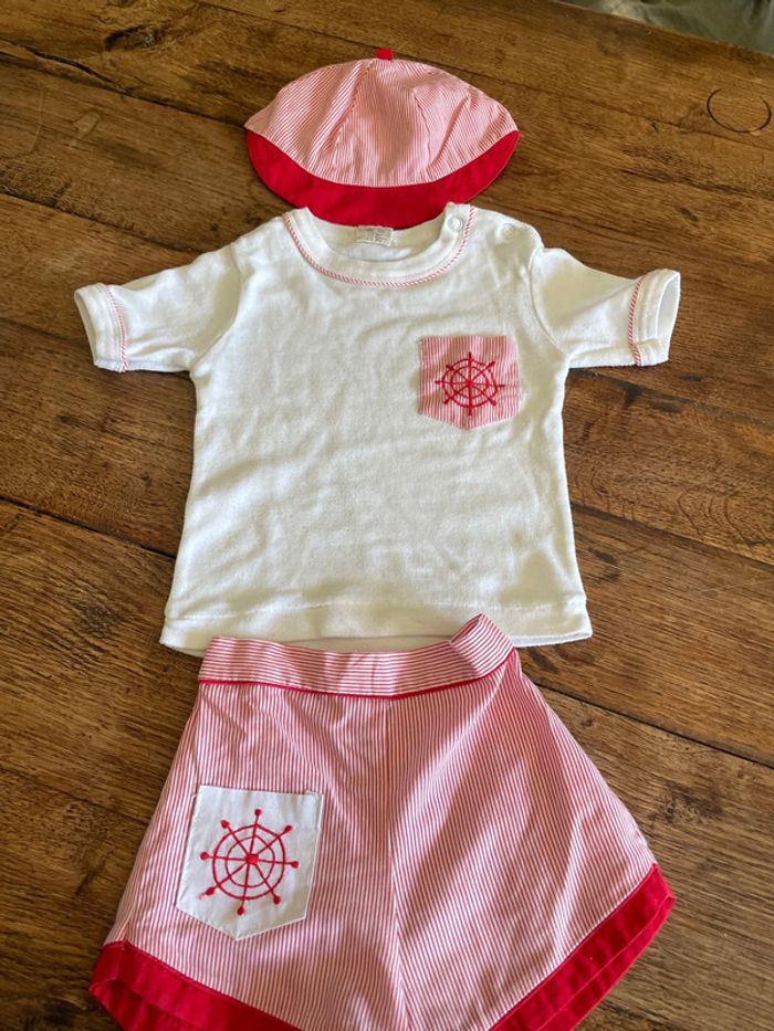 Tenue rouge et blanche petit garçon 9 mois marin bateau ensemble casquette été