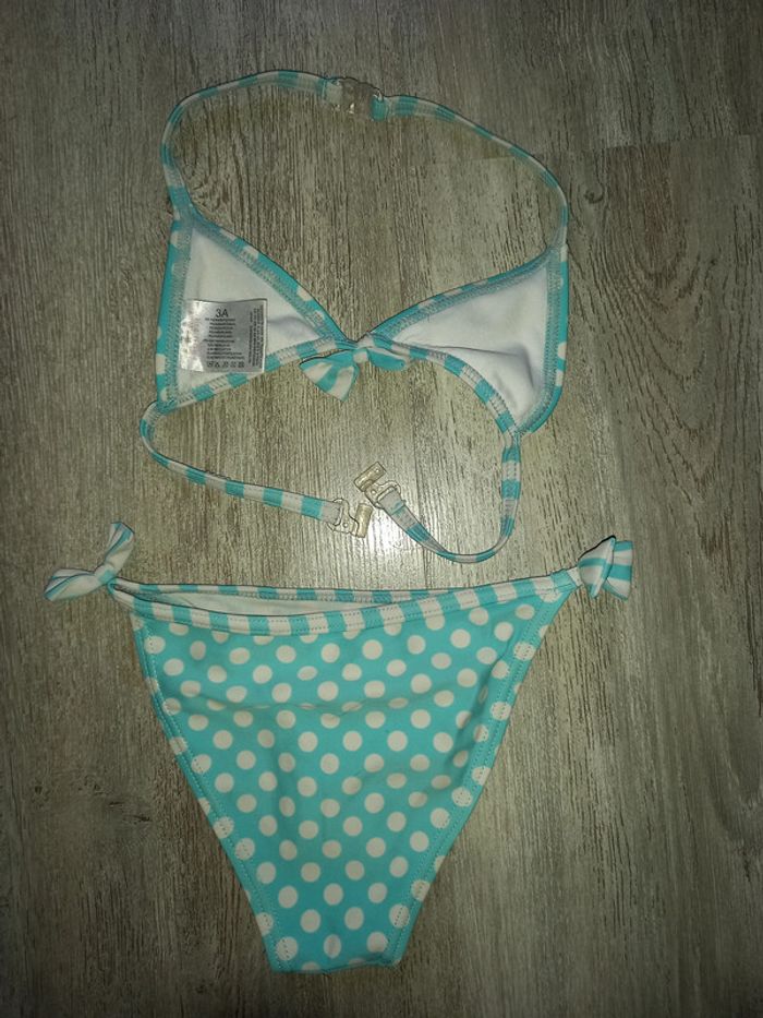 maillot de bain 2 pièces turquoise pois blanc taille 3/4 ans - photo numéro 2