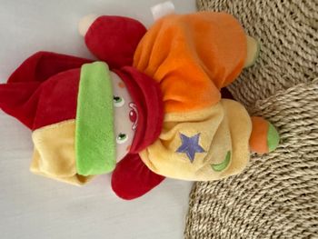Clown Lutin Semi-plat Jaune Orange Rouge Etoile Lune doudou peluche Corolle 2004