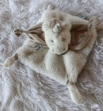 Doudou Licorne carré plat blanc blanc et taupe - Arc en ciel - Baby Nat